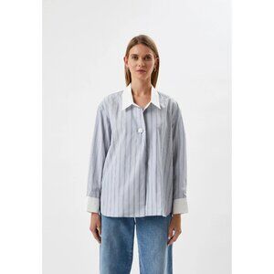 Sandro Paris Blue Striped Oversized Contrast Collar Button-Up Shirt NWT Size 4